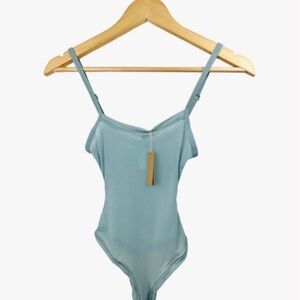 Discontinued Sheer Summer Mesh Strappy Cami Bodysuit Sky Blue